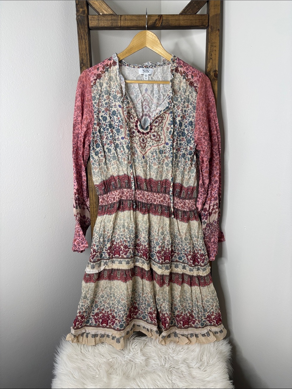 Myra Bag Cream and Pink Floral Midi Dress Size L
